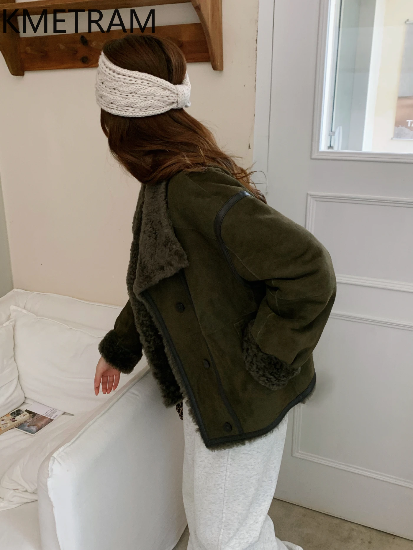 KMETRAM Natuurlijke Schapenvacht met Wollen Bijgevoegde Jas Vrouw Donkergroen Kort Echt Bont Jas Dames Winterkleding 2025, Giaба Turismo