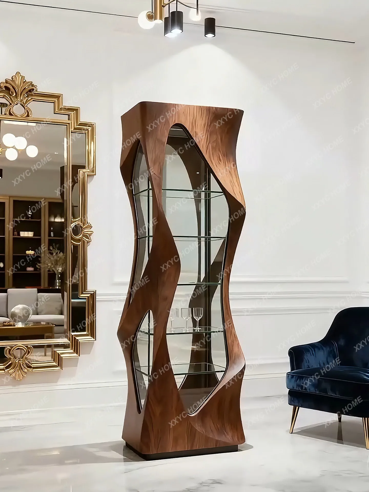 Wine cabinet special-shaped decorative cabinet Living room solid wood glass decorative cabinet