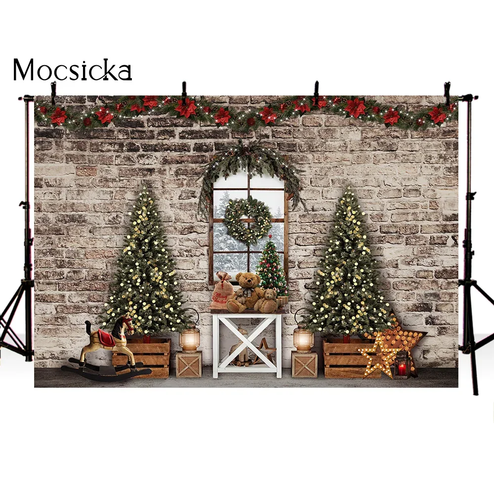 Mocsicka Merry Christmas Backdrop Fireplace Brick Xmas Tree Background Photographic Kid Family Photobooth Props Studio Photocall