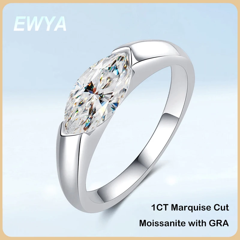 

EWYA Marquise Cut Moissanite Solitaire Ring 1CT For Women 925 Silver GRA Certified 5*10mm Lab Diamond Wedding Band Rings Gift