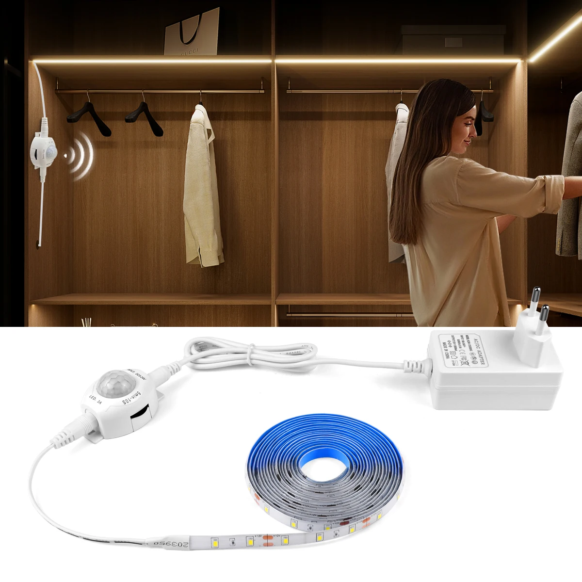 1-5M LED Light Closet with Motion Sensor Nightlight 12V 2835 LED Tape Strip Lights for Kitcen Cabinet Bedroom Wardrobe Decor