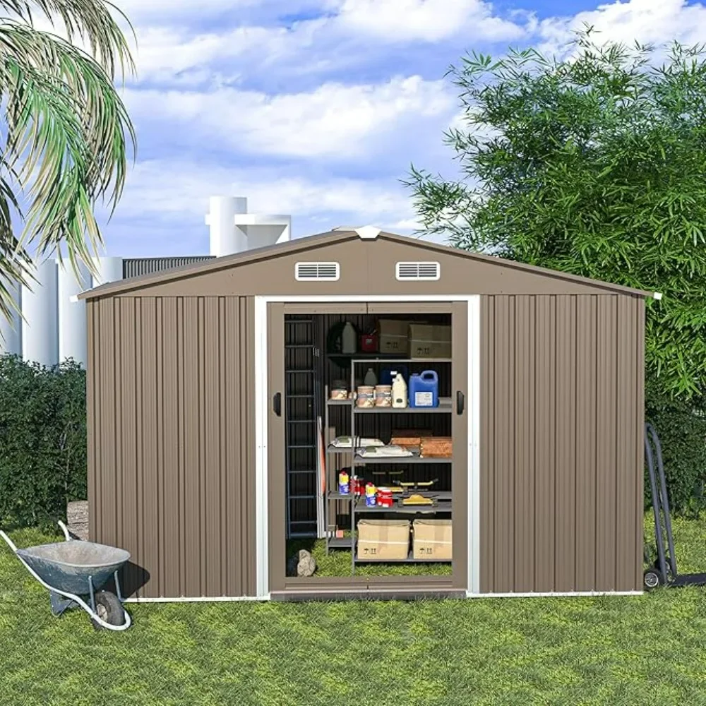 10FT x 8FT Metal Storage Shed for Outdoor with Design of Lockable Slide Doors and Air Vent, Tiny House Utility and Tool Storage