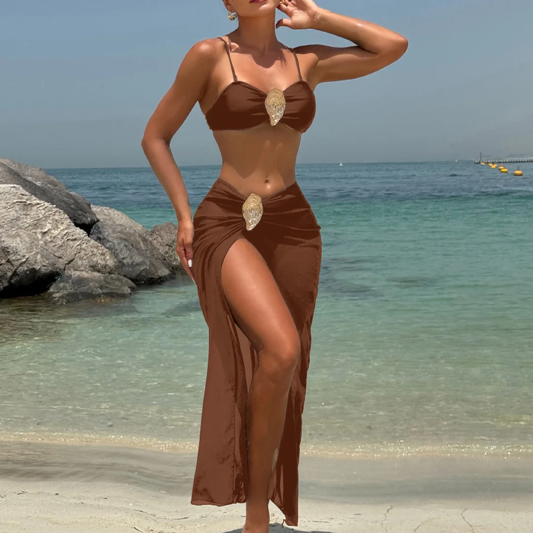 Neu mit Rock, Metallring, brasilianischer Bikini, Damen-Badeanzug, Damen-Bademode, dreiteiliges Bikini-Set, Badeanzug, Badebekleidung, Schwimmbekleidung V6990 – Detail 3