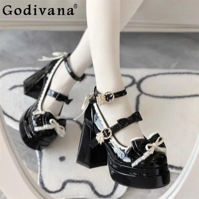 

Оригинальные черные туфли на высоком каблуке Lolita, весенне-осенние женские элегантные непромокаемые туфли на платформе с милым бантом Y2K, туфли-лодочки на высоком каблуке