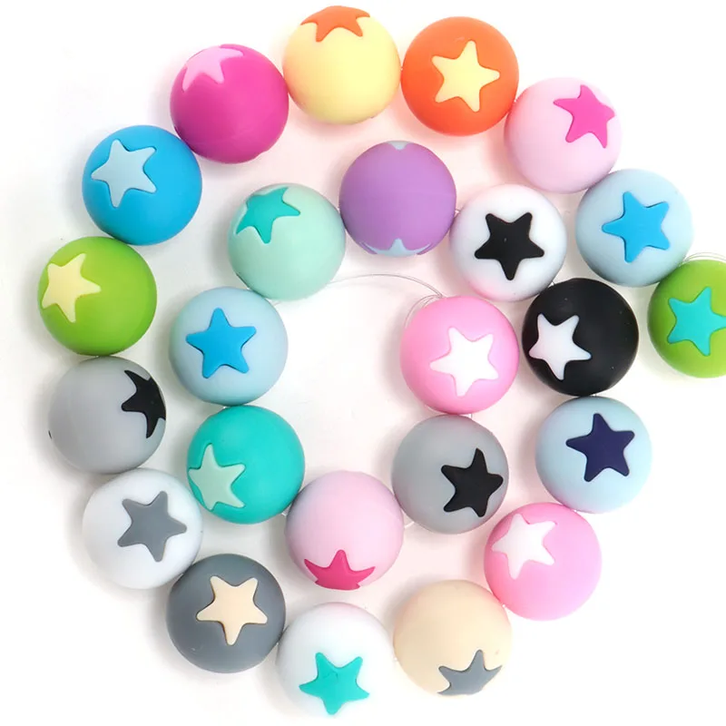 10PCS Silicone Beads Round With Star 15mm Soft Loose Colorful Bead For Lanyard Accessories Necklace Bracelet Jewelry Making