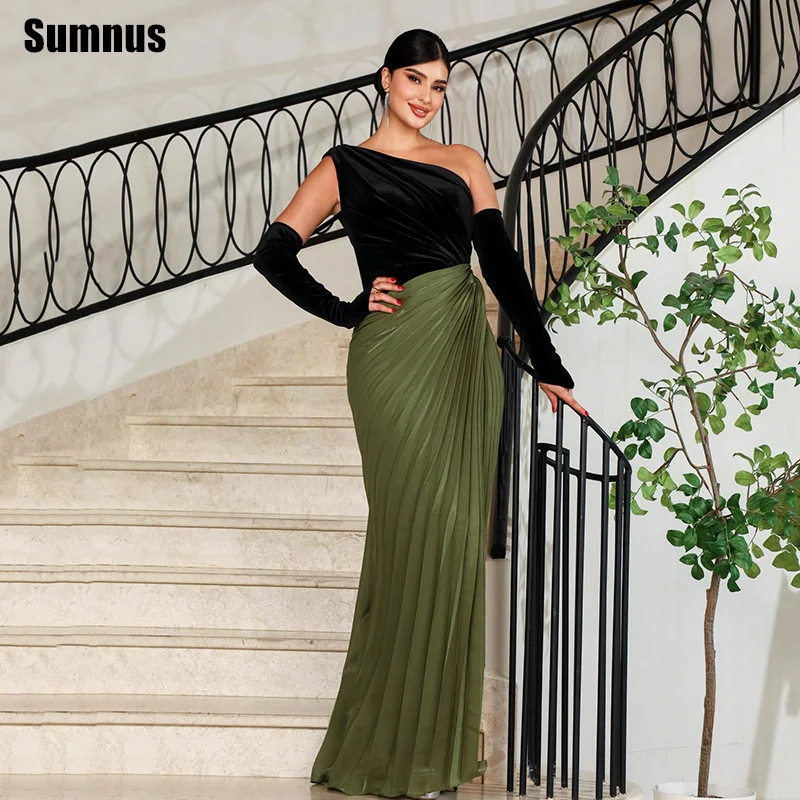 

Sumnus Elegant Mermaid Evening Dresses Contrast Color One Shoulder Formal Dresses With Gloves فساتين سهرات Customized