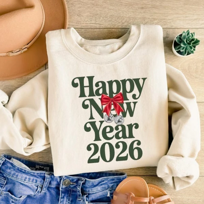 

Толстовка в стиле ретро Hello Happy New Year 2026, вечерние пуловеры с круглым вырезом и длинными рукавами, осенне-зимняя модная термотолстовка с капюшоном, топы