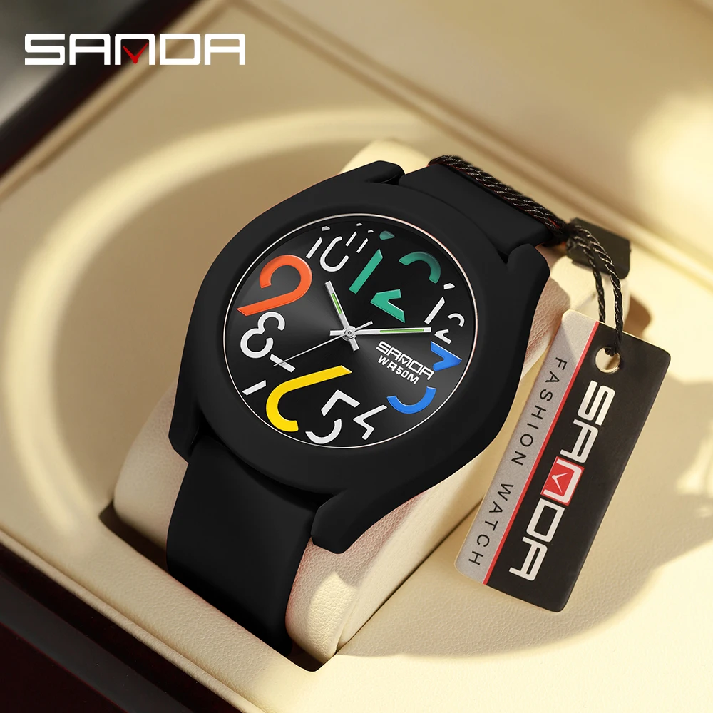 SANDA 9021 Clock Men\'S Watch Silicone Strap Waterproof Watch Creative Simple Girls \'Watch 2024 New Fashion black Casual Quartz