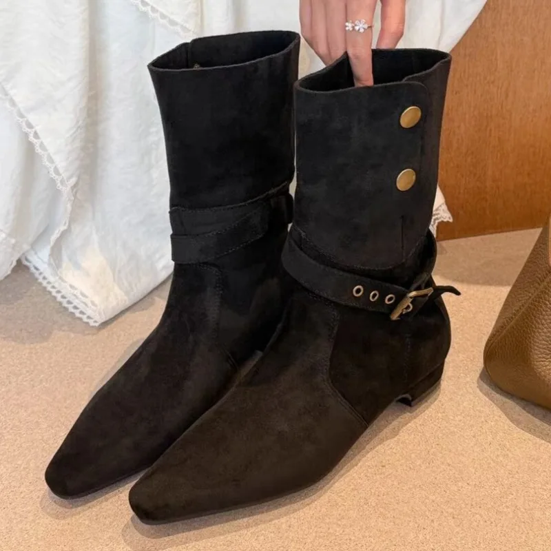 

Women's Autumn New Niche Designer Block Heel High Boots Square Toe Buckle Decoration Retro Fashion Mid-calf Boots Plus Size