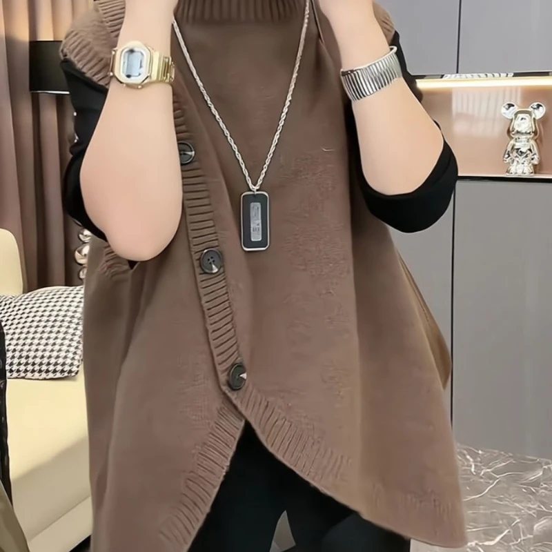 European Heavyweight Autumn and Winter New Women's Clothing 2024 Gray High Neck Knitted Sweater Vest High-end Sense Niche Top