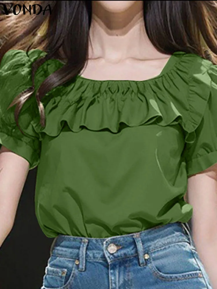 Elegant Women Ruffle Blouse 2024 Fashion Short Sleeve Summer Solid Color Tops Bohemian Shirts VONDA Square Collar OL Blusas