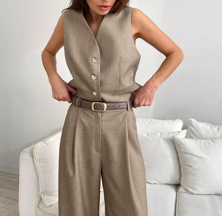 

Two Piece Set for Women 2025 Fashion Sleeveless V-Neck Single-Breasted Vest Coat New In Matching High Waist Wide Leg Pants Set