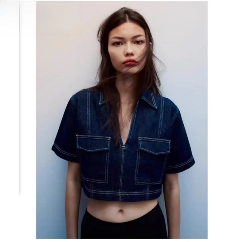 

Spring 2024 Women's ort V-Ne Denim irt Top f-Skirt Ensemble Loose Fit Regular Length Versatile Sle Summer Collection