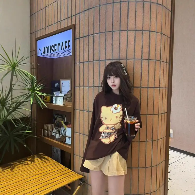 

Пуловер Sanrio Hello Kitty, женская повседневная футболка с длинными рукавами и леопардовым принтом, универсальный свободный крой, топы в корейском стиле, пальто