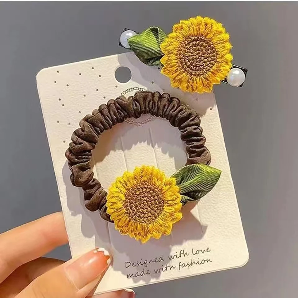 Women Elastic Sunflower Hair Ties Fashion Girls Summer Flower Scrunchies Ponytail Holder Rubber Band Hair Rope Hair Accessories