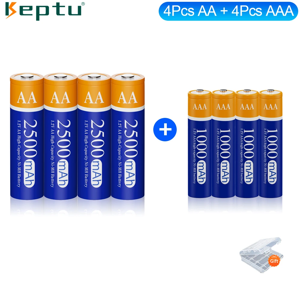 

KEPTU 1.2V Ni-MH AA rechargeable battery 4pcs aa + 4pcs aaa batteries AA 2500mAh AAA 1000mAh high capacity for camera toy mouse