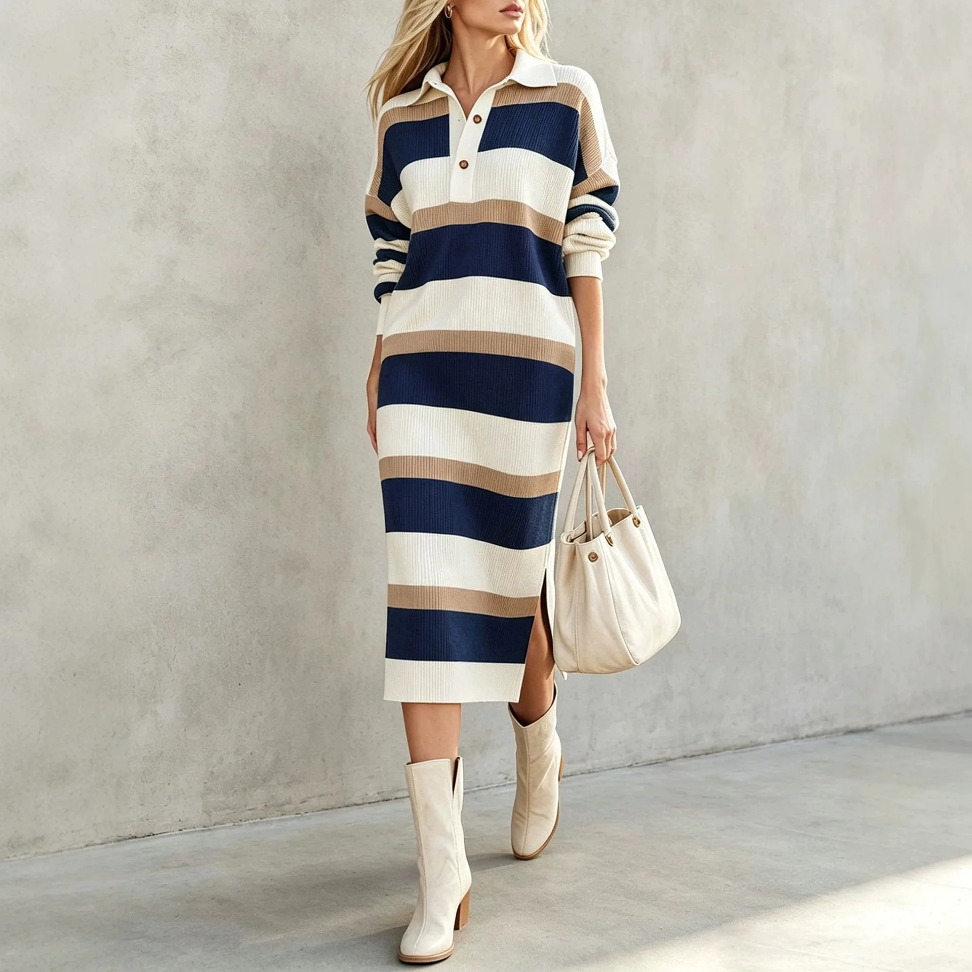 Gaun Rajut Wanita Motif Garis- - Winter Clothing H&M ulasan dan harga
