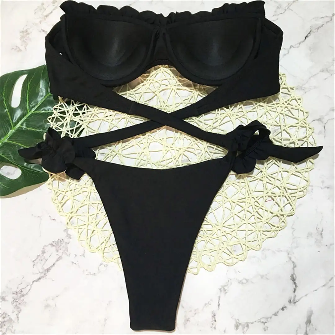 Bandeau-Bikini, Push-Up-Badeanzug, Damen-Badebekleidung, zweiteiliges Bikini-Set, Badeanzug mit hohem Beinausschnitt, Badeanzug mit Rüschen, Badeanzug V1562 – Detail 16
