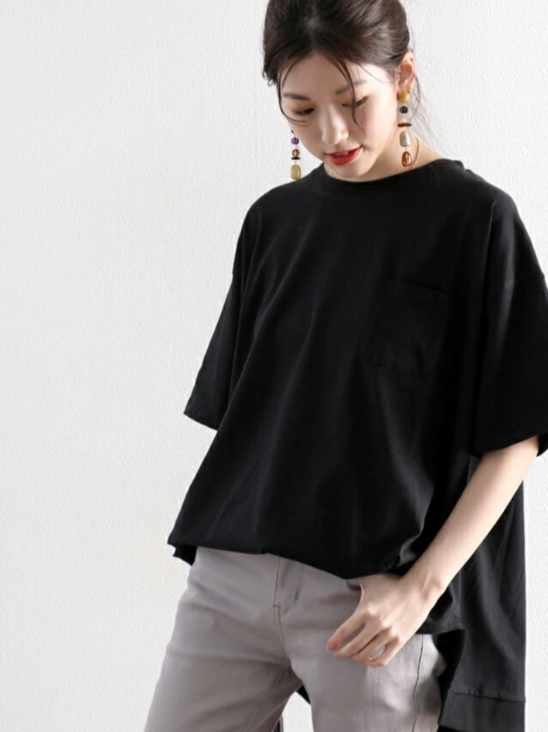 

Свободная футболка Long Sve ort Sve Asymmetrical Wide ket Long T-shirt Summer Faion Cute Sle round Ne Pure Color