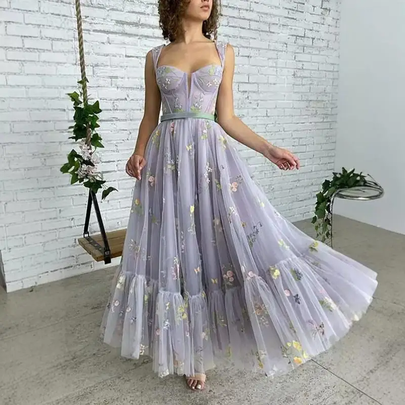 

V-neck Strap Colorful Yarn Sexy Dance Party Elegant Party Performance Embroidered Mesh Dress Evening Gown Customized