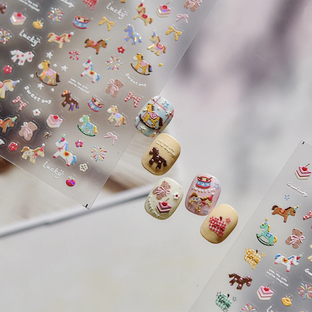 Naklejki na paznokcie 5D z motywem noworocznym, tłoczone konie trojańskie/niedźwiedzie, samoprzylepne, różowe kokardki, kreskówkowe konie, naklejki kawaii, kolorowe slidery z koniem.