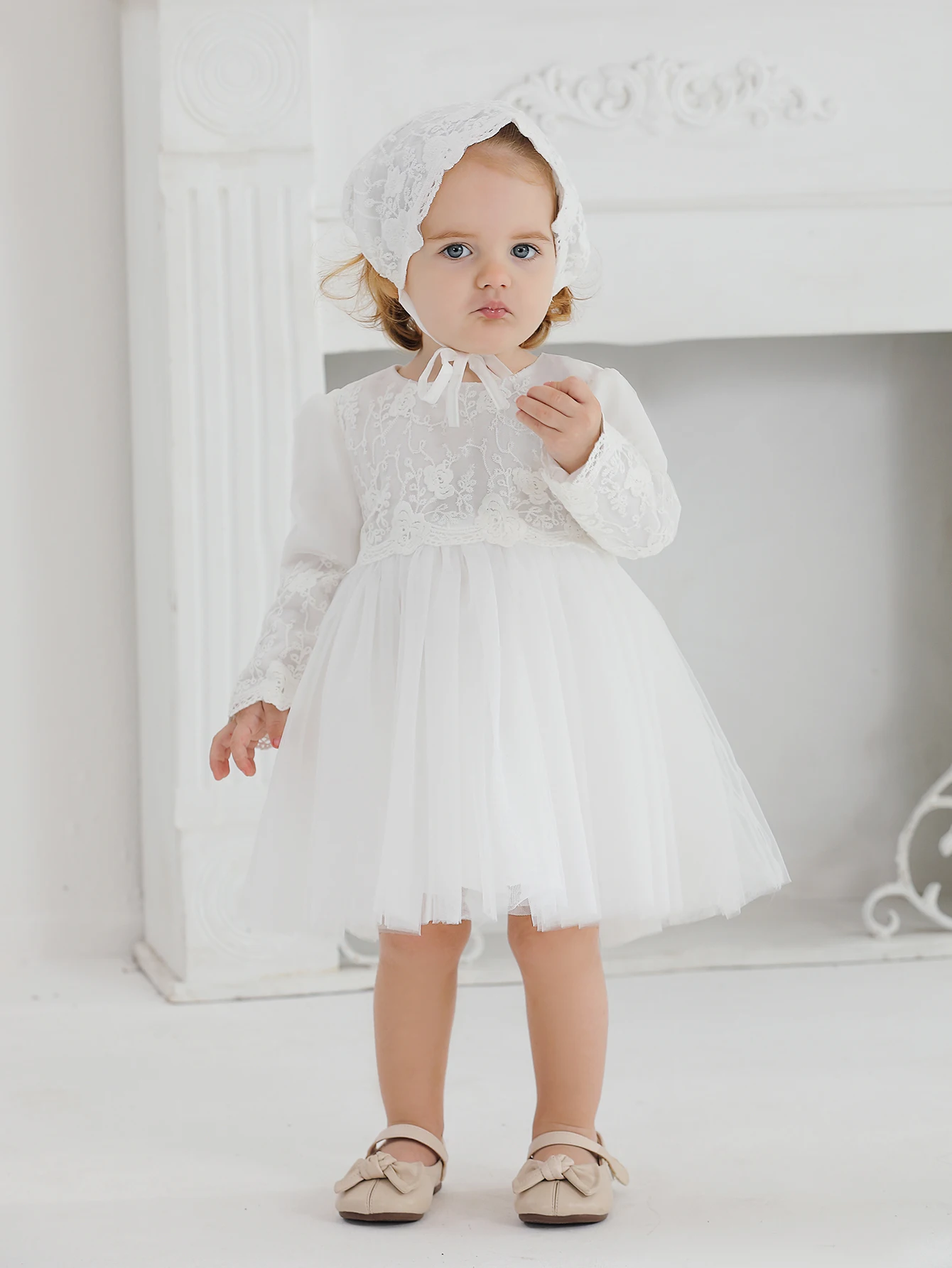 White Christening Dress for Newborn Babies With Long Sleeved 3 Months Baby Dress Little Girls Lace Baptism Ball Dress+Hat