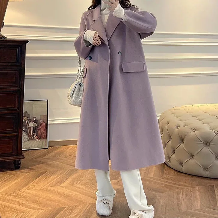 

Double-sided cashmere coat for women's autumn and winter new Korean version loose medium and long Hepburn explosive woolen