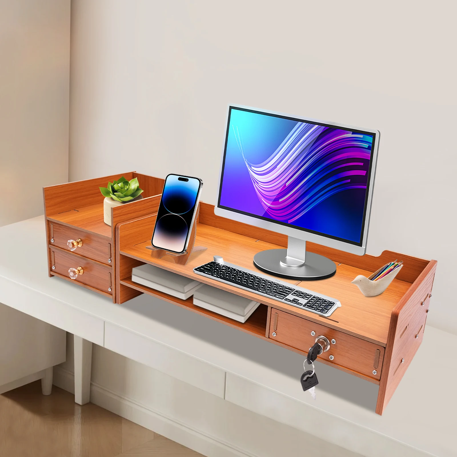 Computer Monitor Stand Wooden Computer Laptop Desk with 3 Storage Drawers Phone Holder 48*20*13.5cm/18.9*7.9*5.3inch