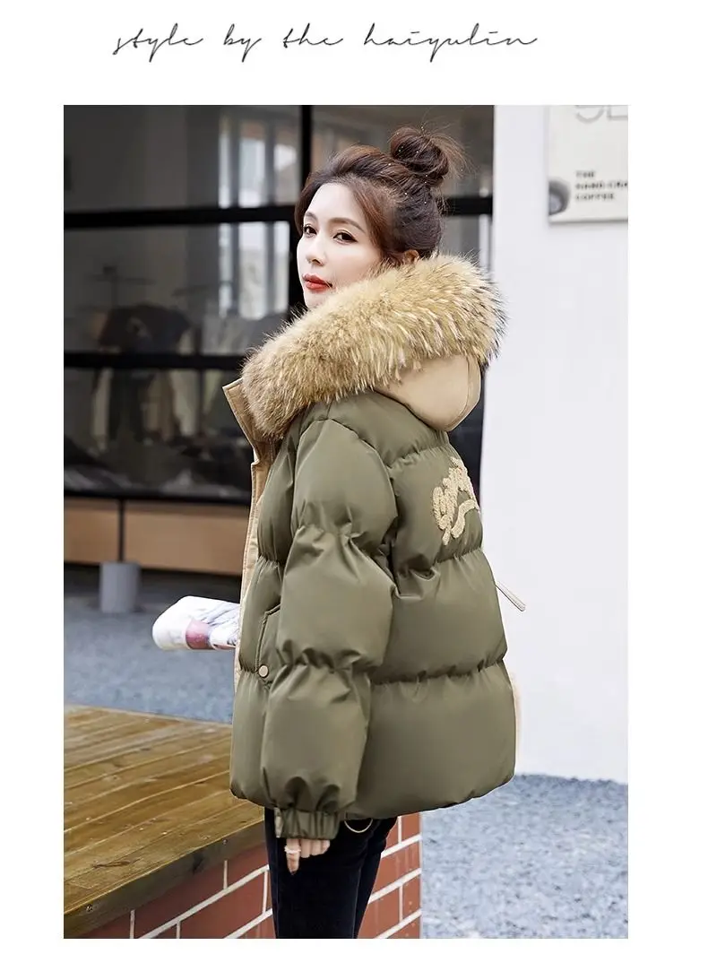 Down Cotton Jacket For Women Short Thickened 2026 Winter New Big Fur Collar Loose Cotton Coat Women's Warm Hooded Jackets Parker