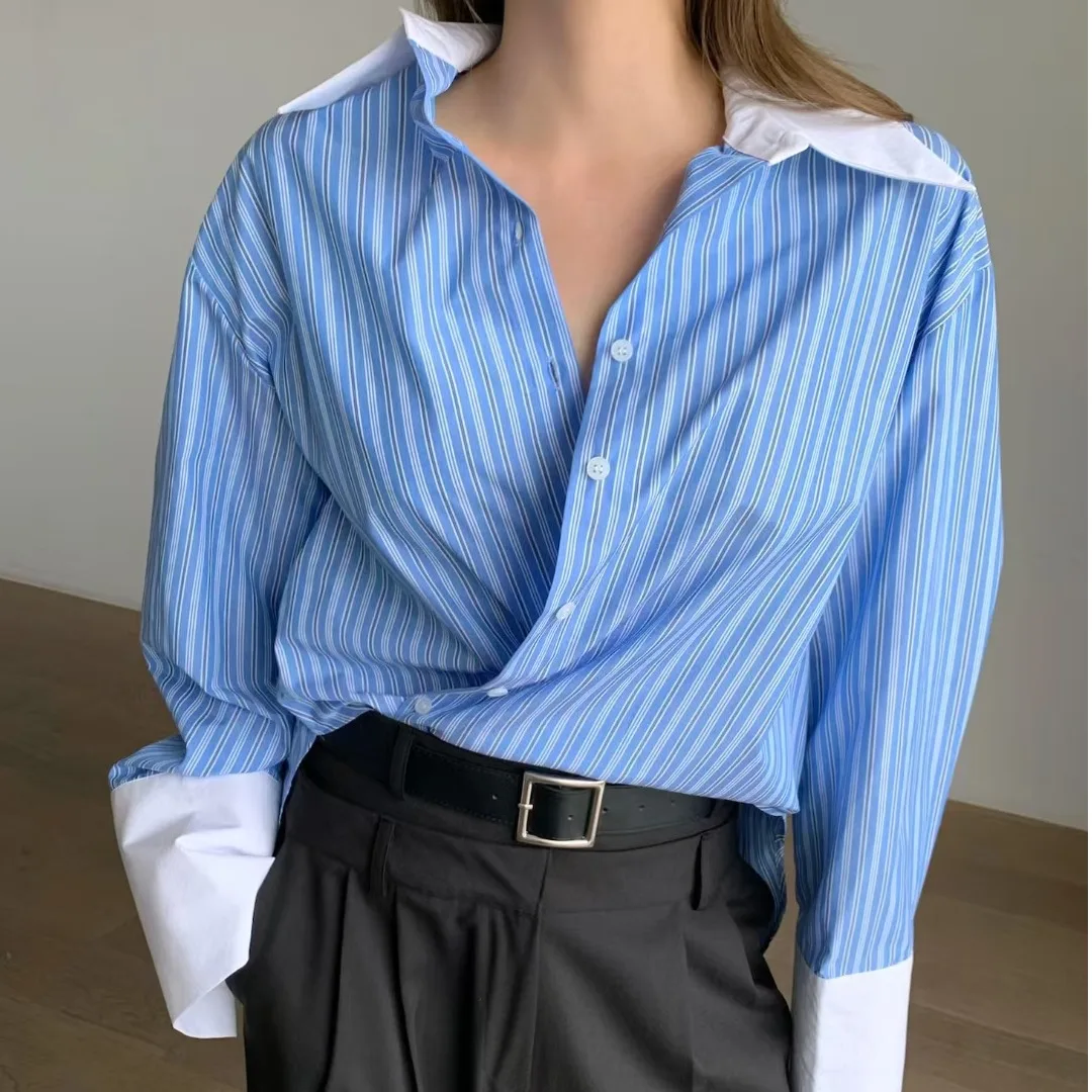 Casual Stripe Design Color Block Collar Long Sleeve Loose Women's Shirt Versatile Loose Fit Long Sleeve Striped Design Shirt