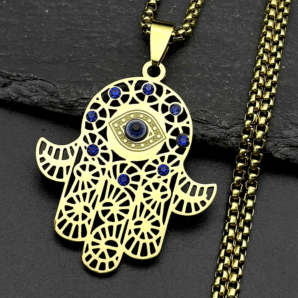 New trendy blue Turkish eye-shaped hand-held heart-shaped diamond-studded necklace, versatile collar chain, suitable for both me