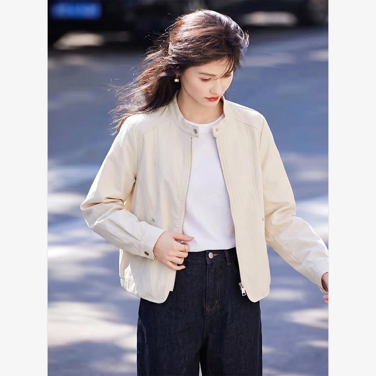 VIMLY Women's Leather Short Jacket 2026 Autumn Round Neck Fashion Coats Elegant Casual Loose-fit Female Windproof Outwears 31533