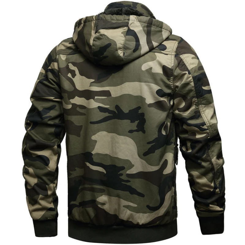 Tactical Camouflage Set Men Thickened Wear-resistant Hooded Jacket+Cotton Fleece Warm Straight-leg Pant Winter Outdoor Work Suit