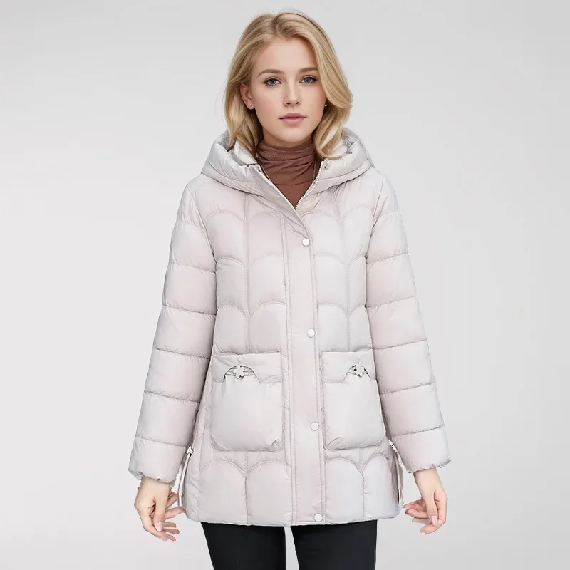 2024 Winter Women\'s Down Cotton Warm Coats New Stylish Midi Length Hooded Lightweight Padded Parkas Pockets Loose Jacket Female