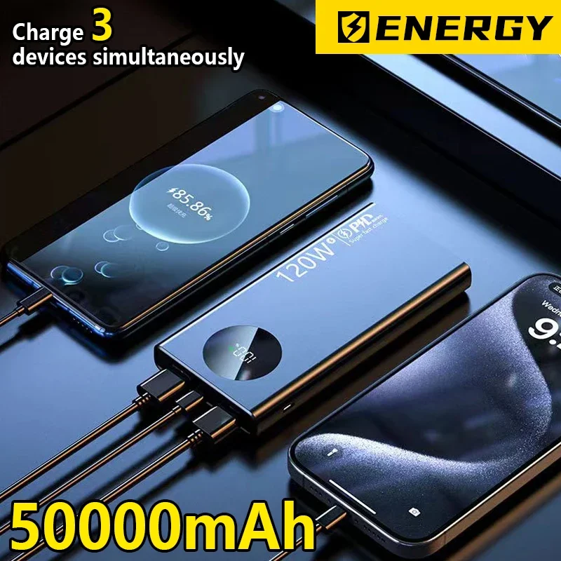 50000mAh 120W قوة البنك شحن سريع للغاية رقيقة وخفيفة ملحقات الهاتف الخليوي بطارية خارجية شحن مجاني