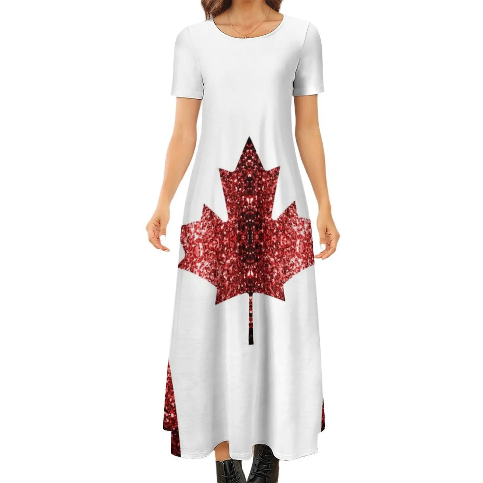 

Canada flag red faux sparkles maple leaf (Photo of Glitter - Not Reflective) Round Neck Short Sleeve Dress