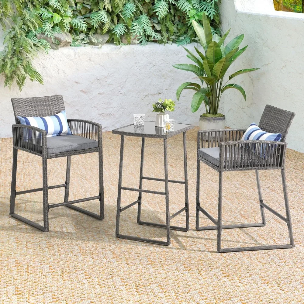 

3-Piece Outdoor Wicker Bar Height Table Set, 2 Bar Stools and 1 Pub Table with 2 Striped Pillows, Grey Rattan, Grey Seat Cushion