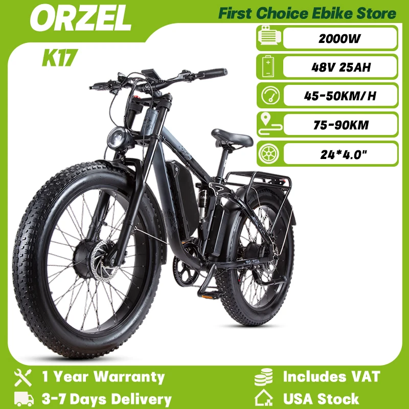 

ORZEL K17 Adult Off-Road Ebike 2000W Dual Motor 48V 25Ah Battery Mountain Electric Bicycle 24*4.0" Fat Tire Travel Electric Bike