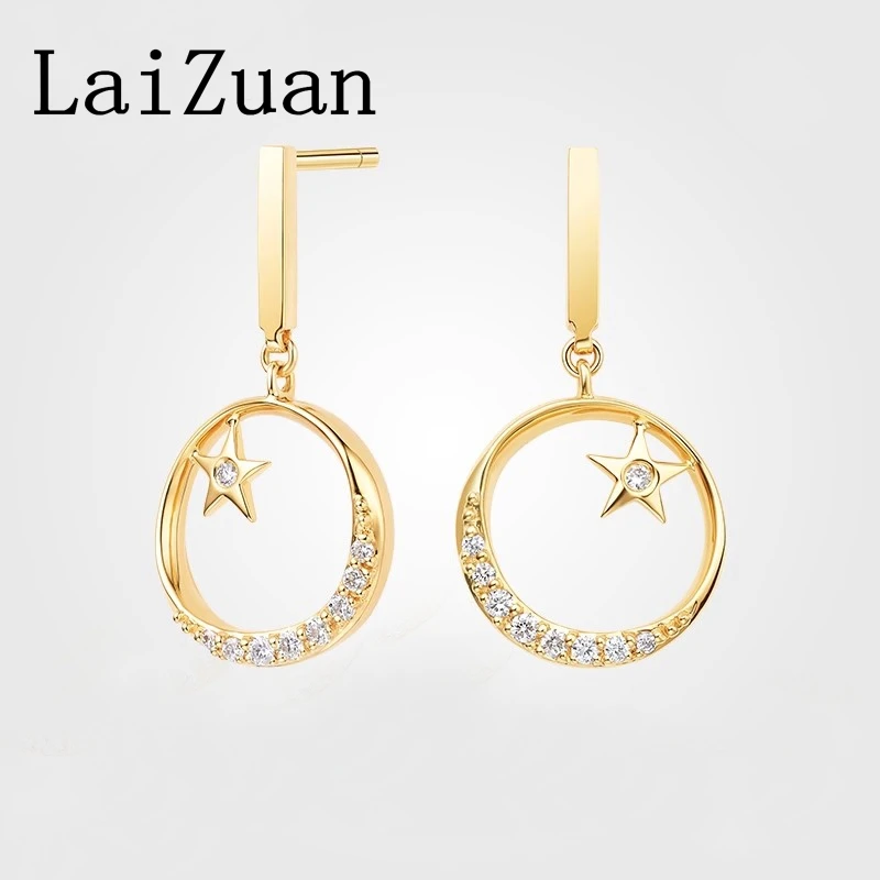 LaiZuan Solid 18K AU750 Yellow Gold Star Moon H/SI Natural Diamond Stud Earrings Women Trendy Exquisite Fine Jewelry