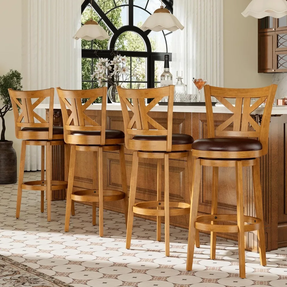 

30 inch Bar Height Stools Set of 4, Swivel Bar Stools Faux Leather Barstool with Back, Wooden Bar Height Chairs.