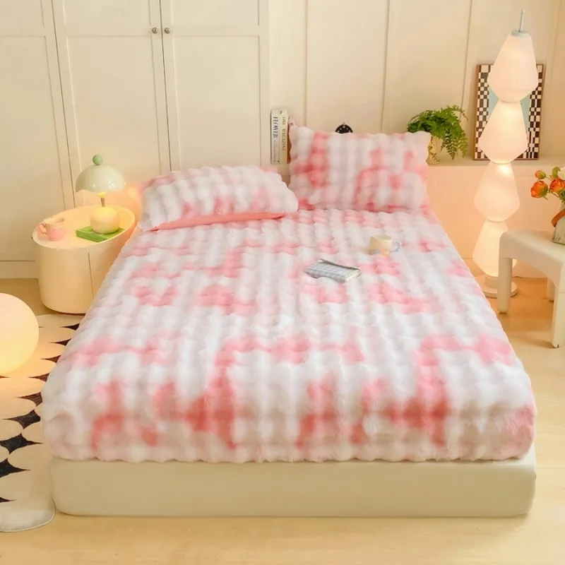 

2025 new solid color autumn and winter bubble milk fleece fitted sheet with pillowcase kit thickened warm milk fleece