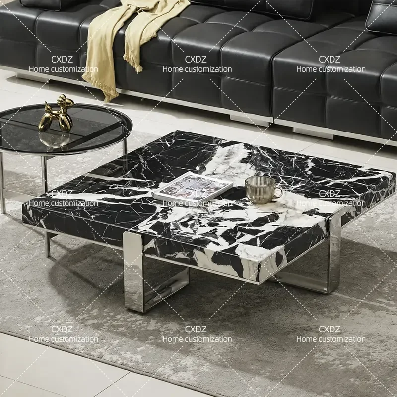 Italian Minimalist Black Square Coffee Table Set for Living Room High End Natural Stone Luxury Home Furniture Modern Design