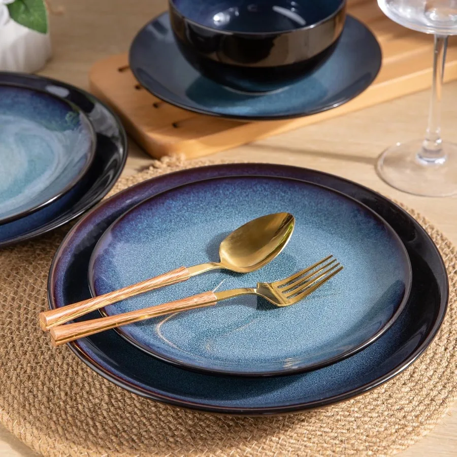 Handmade Ceramic Dinnerware Sets for 6 Including Plates and Bowls with Reactive Glaze Chip Resistant and Scratch Resistant Dish