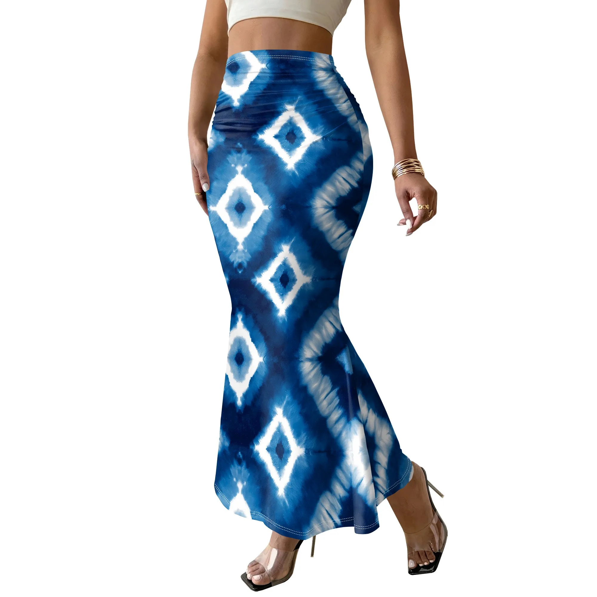 Tie Dye Fish Tail Skirt, Blue Diamond Print Maxi Skirt, Elastic Waist Long Skirt, Beach Summer Wear for Women, S-2XL