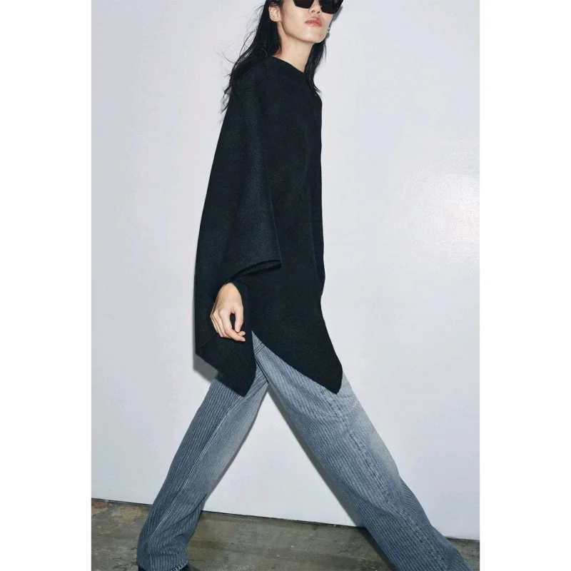 Autunno nuovo arrivo donna misto lana sciolto casual rotondo Ne lavorato a maglia mantello cappotto fibra di poliestere lungo Sve di media lunghezza