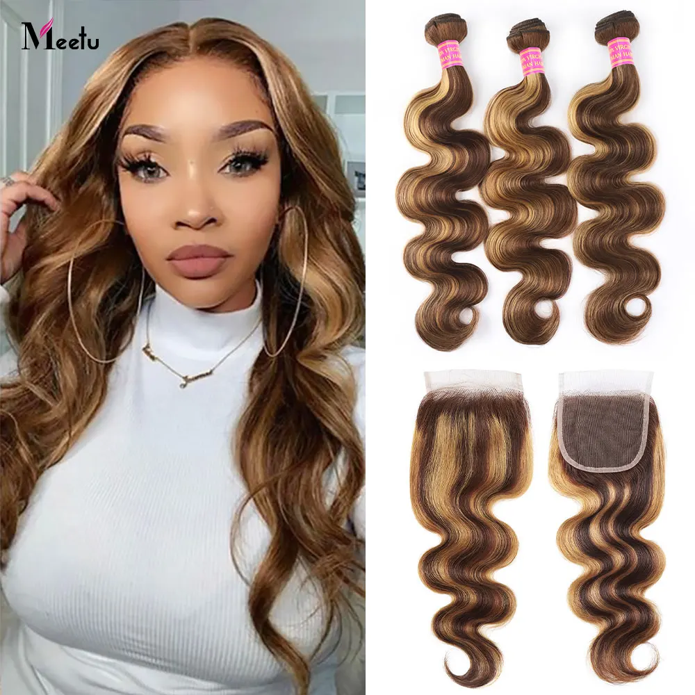 Meetu Highlight Bundles With Closure Brazilian Hair Weave Bundles With Lace Closure Honey Blonde Body Wave Bundles With Closure