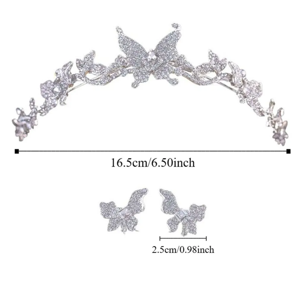 Bride Headdress Butterfly Crystal Tiara Set Sparkling Princess Headband Rhinestone Queen Crown Luxury Ear Clip