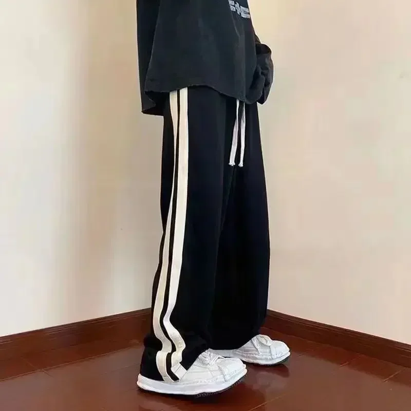 Unisex Summer Quick Dry Wide Leg Pants Men Women Hip Hop Side Double Stripe Trousers Streetwear Straight Sports Long Pants