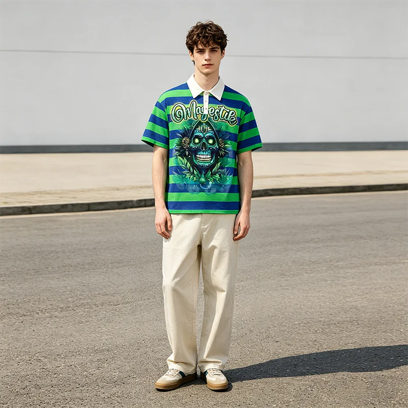 Gestreiftes Sugar Skull Polo-Shirt für Herren mit Strass-Buchstaben-Grafik T-Shirt Vintage Streetwear Lässiges Kurzarm-Shirt Oversize – Detail 4