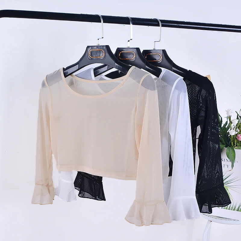 

Women's Lace Half-Sleeve Mesh Base Shirt Short Length Bohemian Sweet Style round Neck Bell Sleeve Single Piece Spring Summer